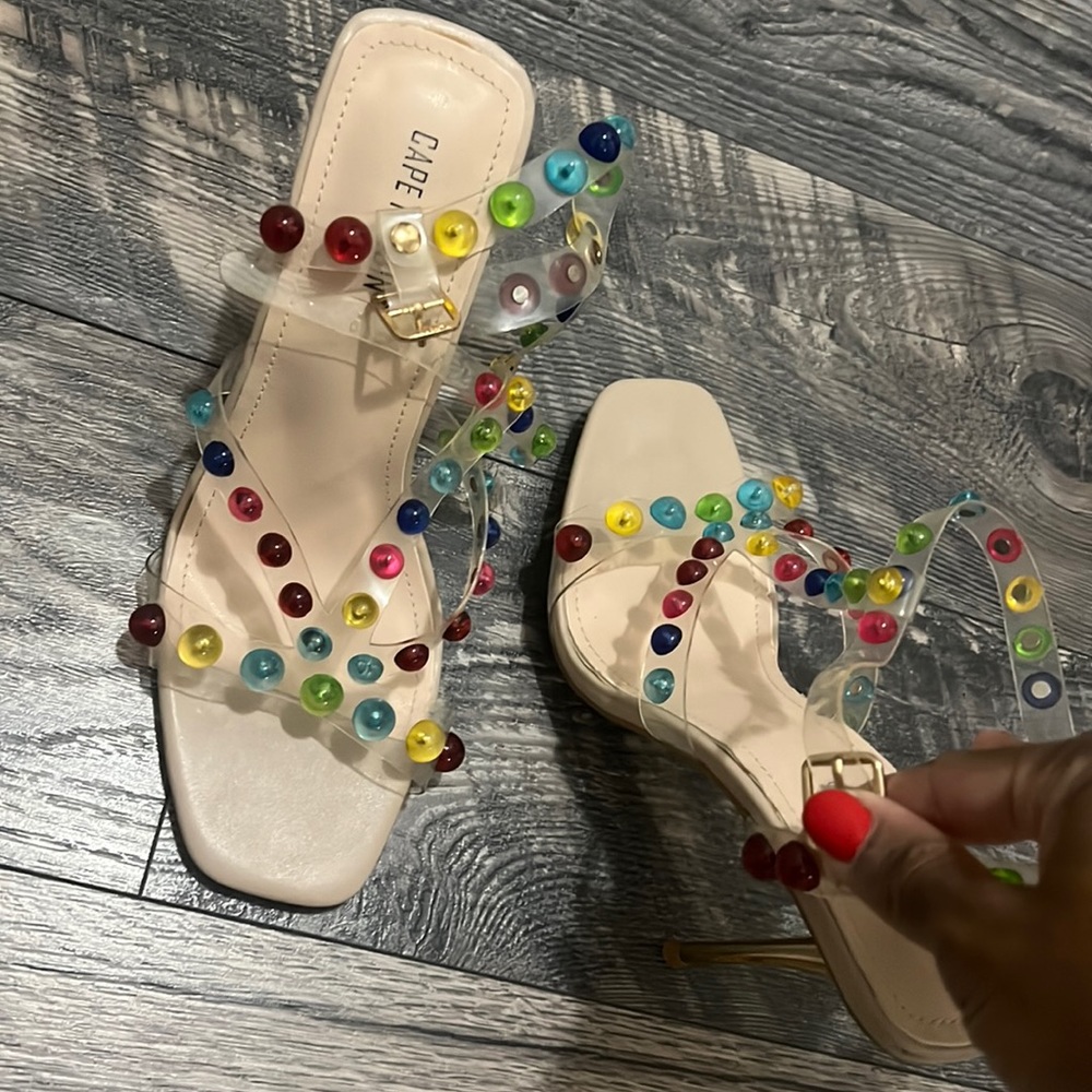 Clear rainbow Beaded high heel sandals